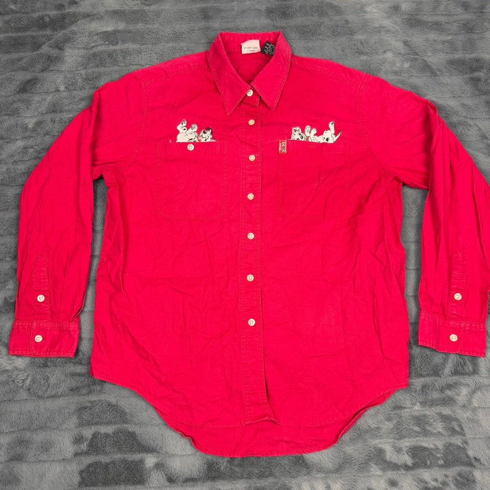Vintage Disney 101 Dalmatians Red Button Down Shirt Embroidered Large 15489